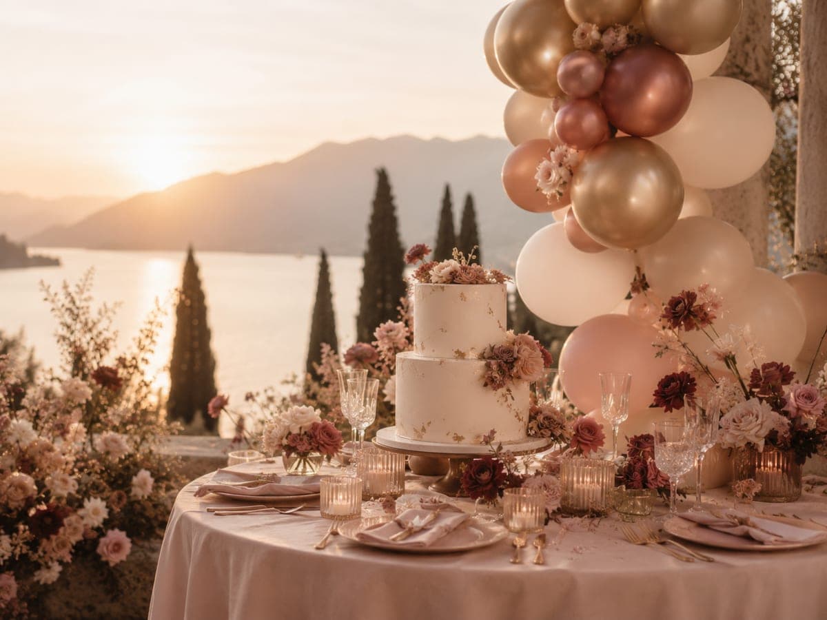 Mesa de celebración de cumpleaños decorada con globos y pastel